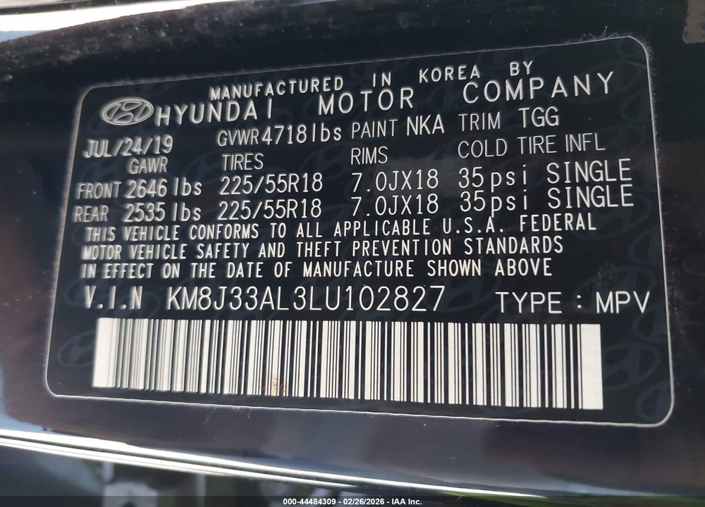 2020 HYUNDAI TUCSON SEL VIN: KM8J33AL3LU102827