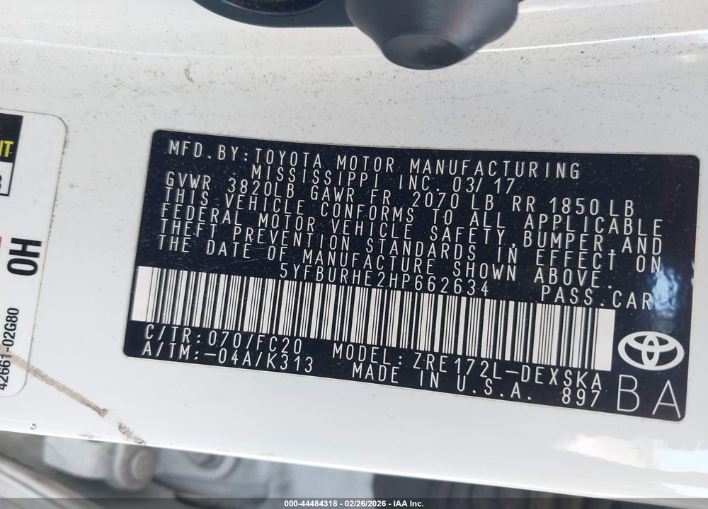 2017 TOYOTA COROLLA SE VIN: 5YFBURHE2HP662634