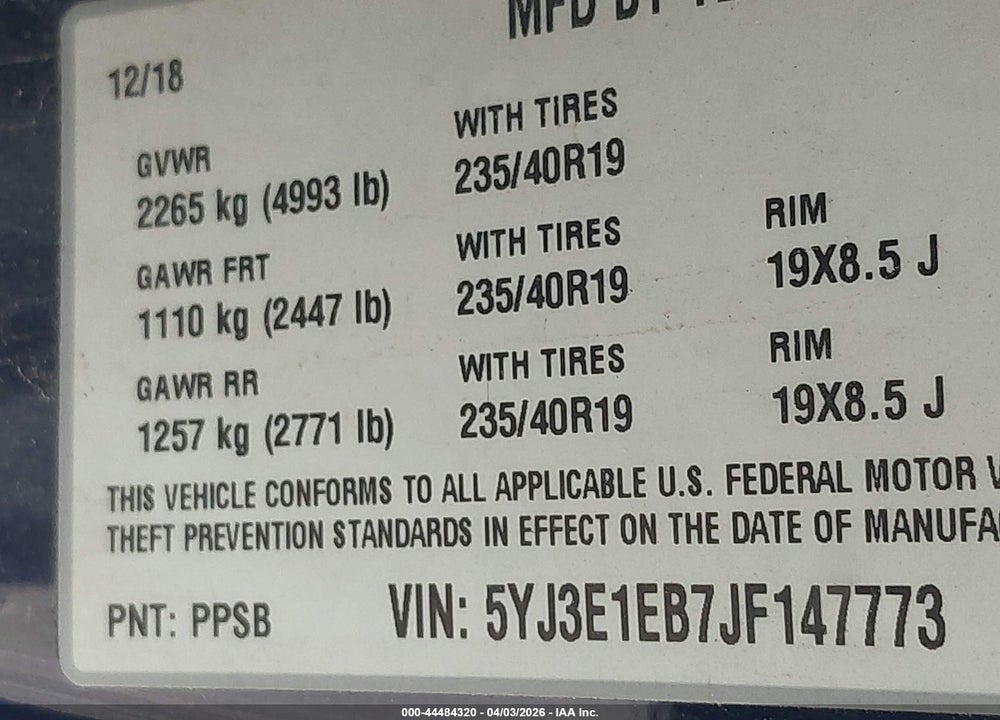 2018 TESLA MODEL 3 LONG RANGE/PERFORMANCE VIN: 5YJ3E1EB7JF147773