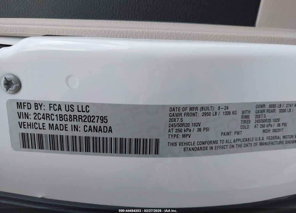 2024 CHRYSLER PACIFICA TOURING L VIN: 2C4RC1BG8RR202795