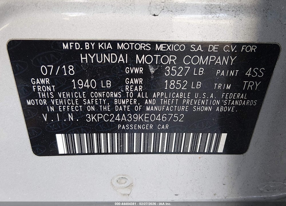 2019 HYUNDAI ACCENT SE VIN: 3KPC24A39KE046752