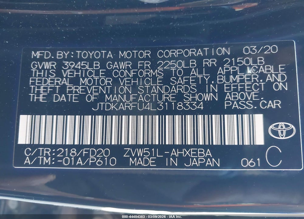 2020 TOYOTA PRIUS LE VIN: JTDKARFU4L3118334