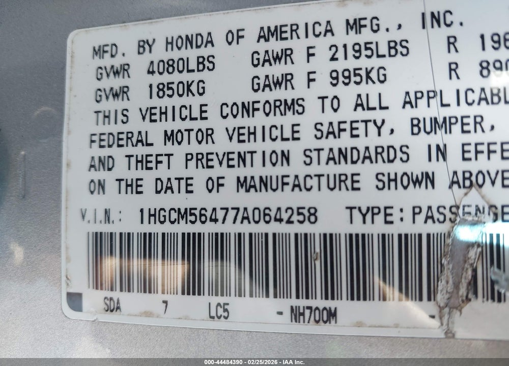 2007 HONDA ACCORD 2.4 LX VIN: 1HGCM56477A064258