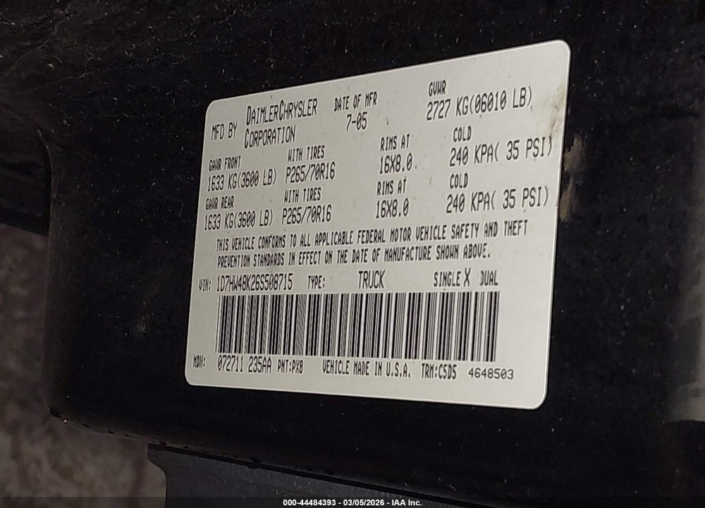2006 DODGE DAKOTA SLT VIN: 1D7HW48K26S508715