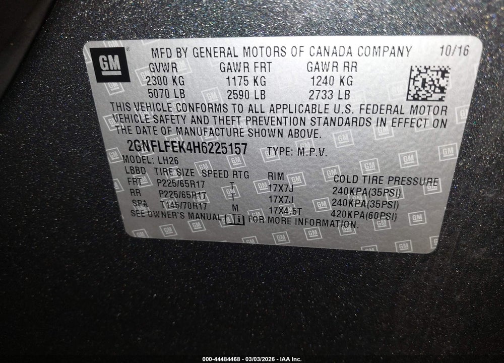 2017 CHEVROLET EQUINOX LT VIN: 2GNFLFEK4H6225157