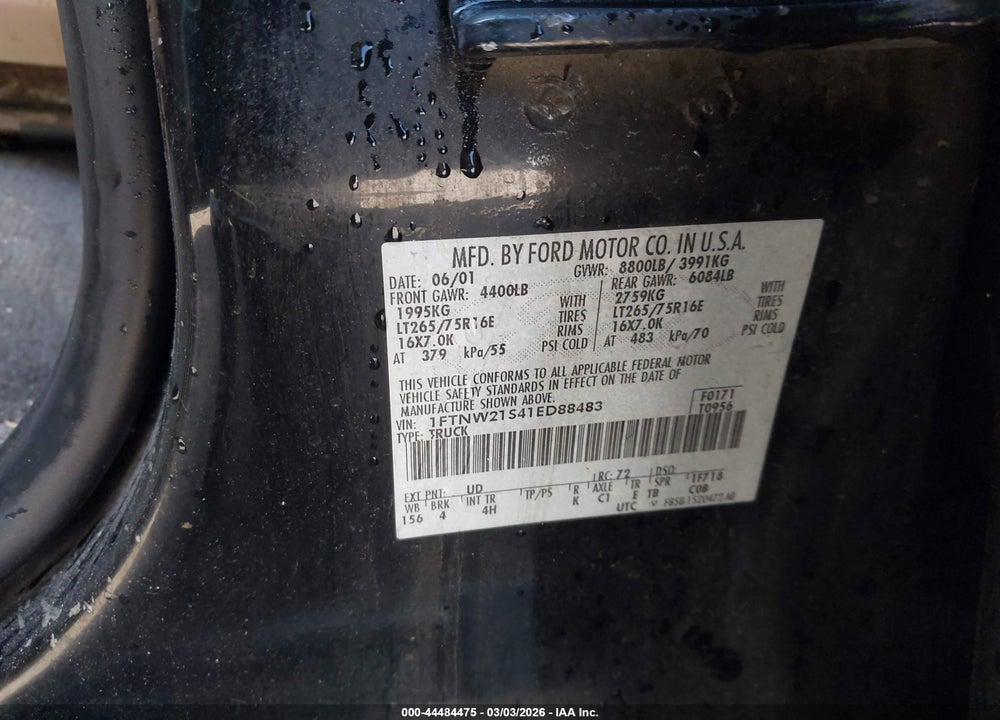 2001 FORD F-250 LARIAT/XL/XLT VIN: 1FTNW21S41ED88483