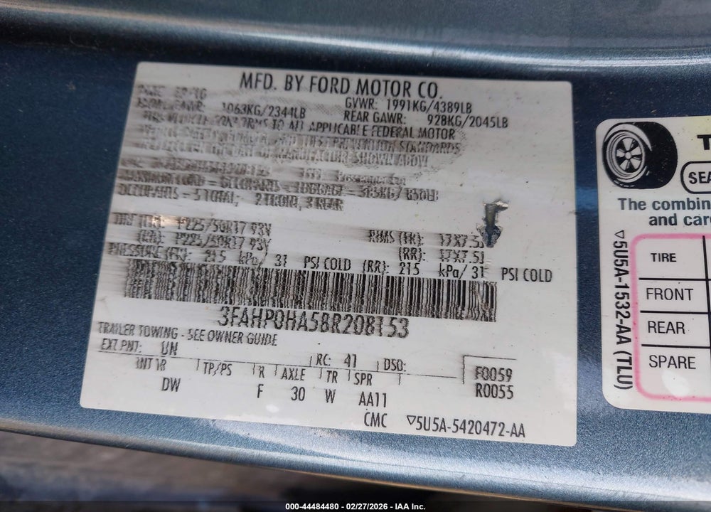 2011 FORD FUSION SE VIN: 3FAHP0HA5BR208153