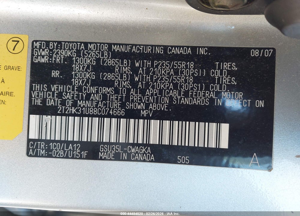 2008 LEXUS RX 350 VIN: 2T2HK31U88C074666