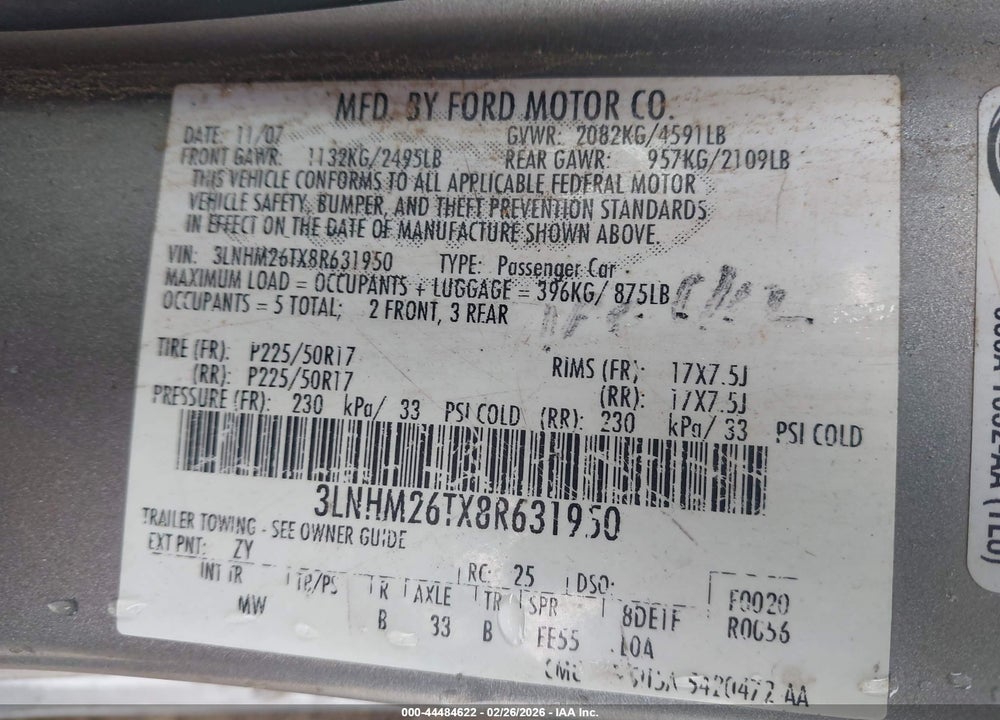 2008 LINCOLN MKZ VIN: 3LNHM26TX8R631950