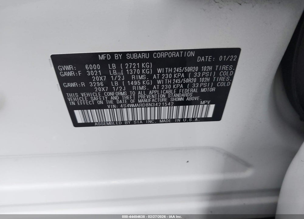 2022 SUBARU ASCENT TOURING VIN: 4S4WMARD8N3421542