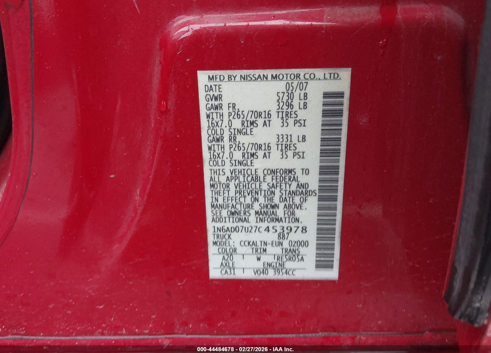 2007 NISSAN FRONTIER SE VIN: 1N6AD07U27C453978