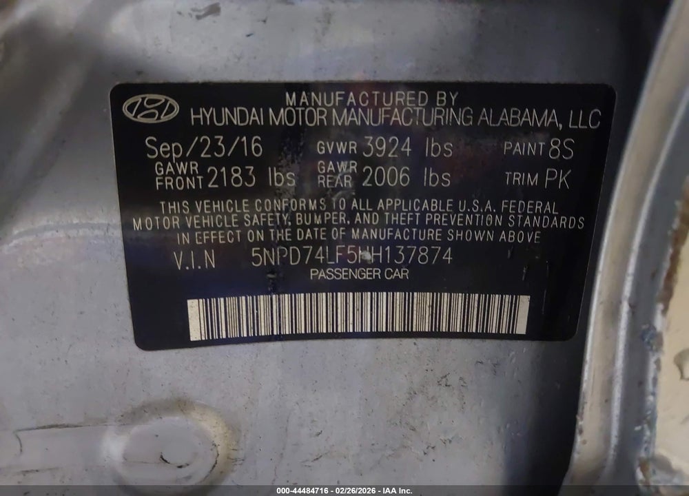 2017 HYUNDAI ELANTRA SE VIN: 5NPD74LF5HH137874