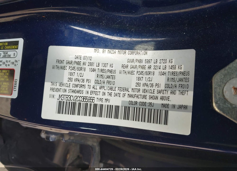 2012 MAZDA CX-9 TOURING VIN: JM3TB3CV2C0365856