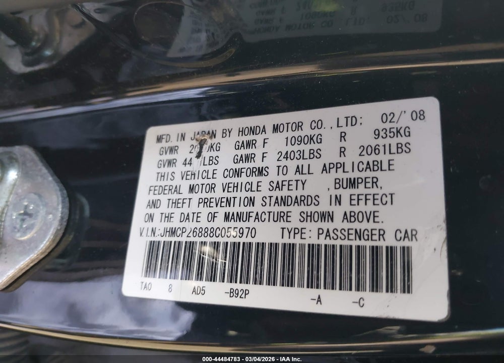 2008 HONDA ACCORD 2.4 EX-L VIN: JHMCP26888C055970