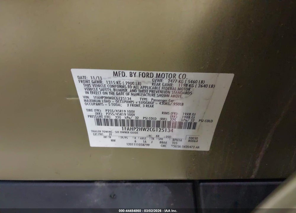 2012 FORD TAURUS SEL VIN: 1FAHP2HW2CG125134