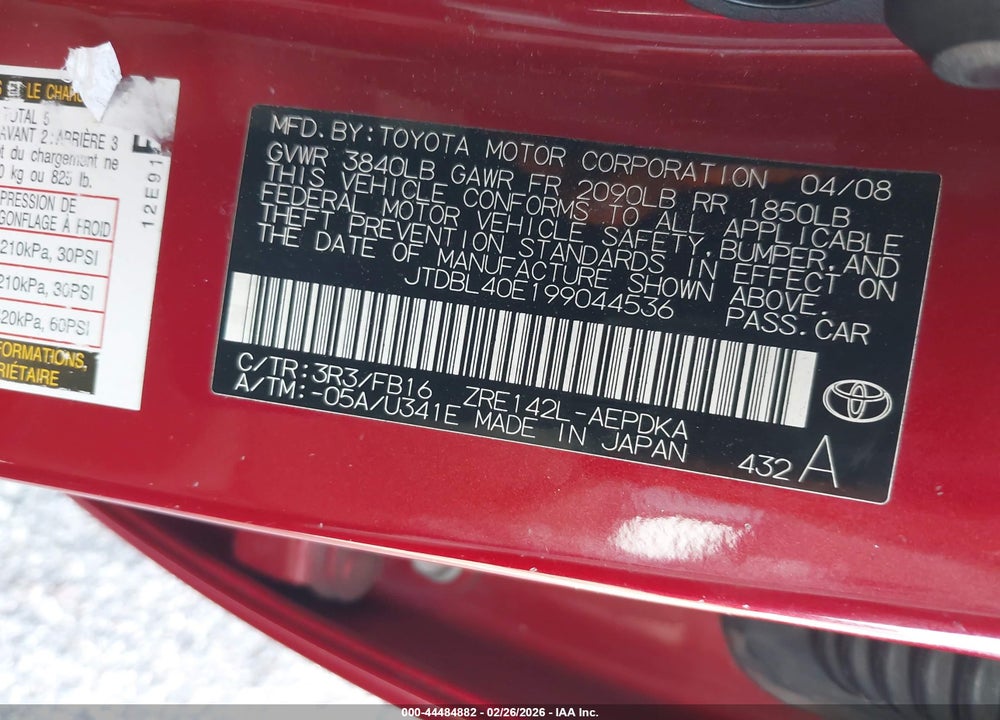 2009 TOYOTA COROLLA LE VIN: JTDBL40E199044536