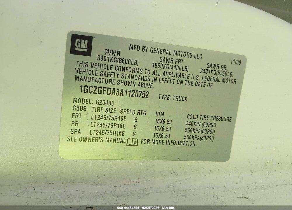 2010 CHEVROLET EXPRESS 2500 WORK VAN VIN: 1GCZGFDA3A1120752