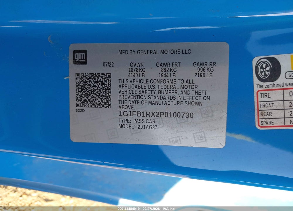 2023 CHEVROLET CAMARO RWD  1LT VIN: 1G1FB1RX2P0100730