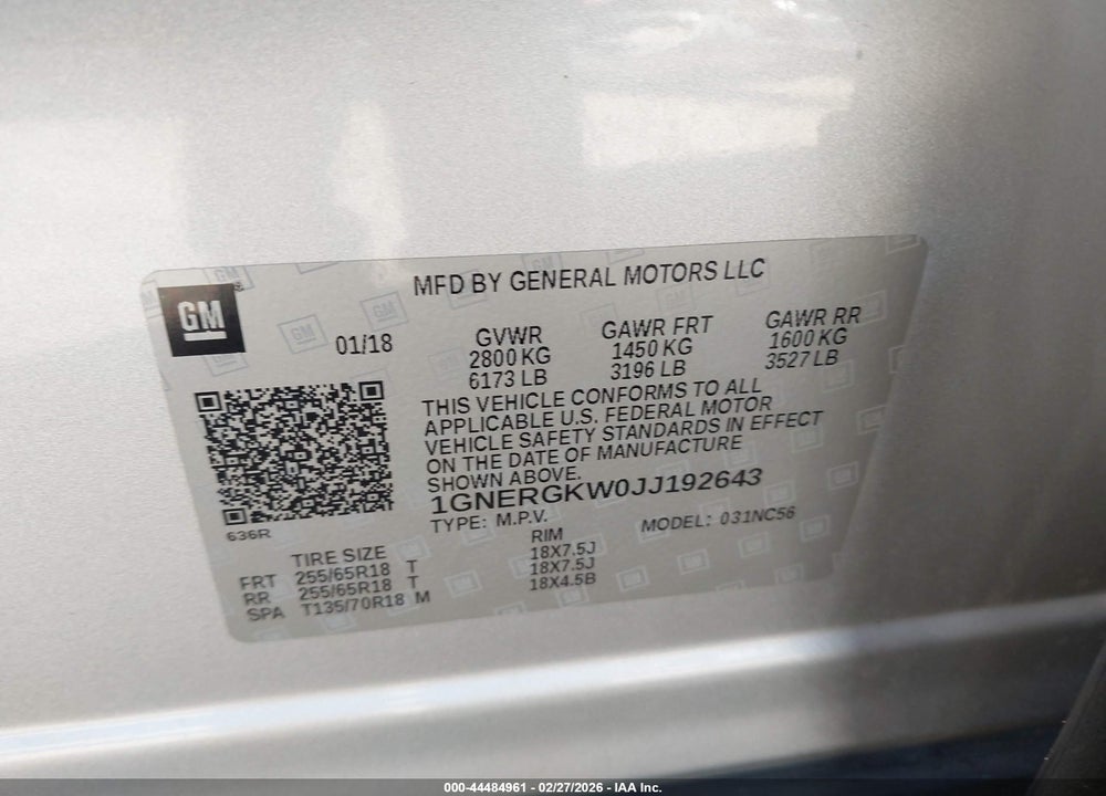 2018 CHEVROLET TRAVERSE 1LT VIN: 1GNERGKW0JJ192643