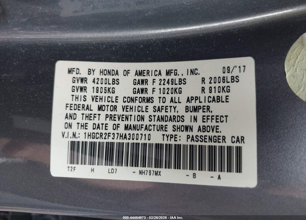 2017 HONDA ACCORD LX VIN: 1HGCR2F37HA300710