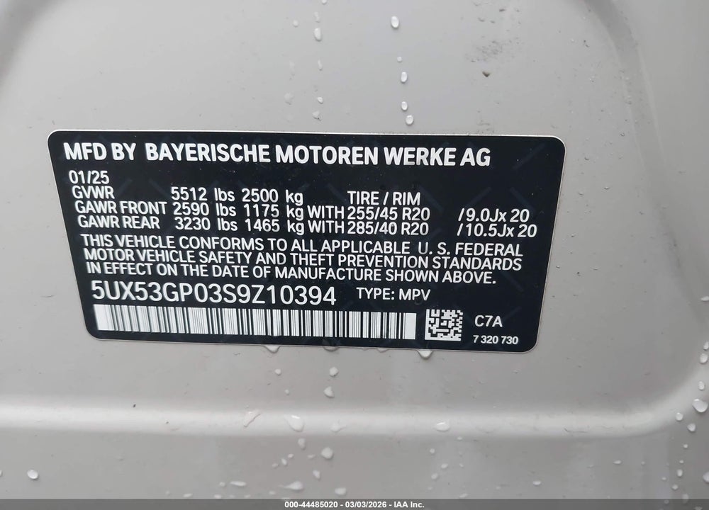 2025 BMW X3 30 XDRIVE VIN: 5UX53GP03S9Z10394