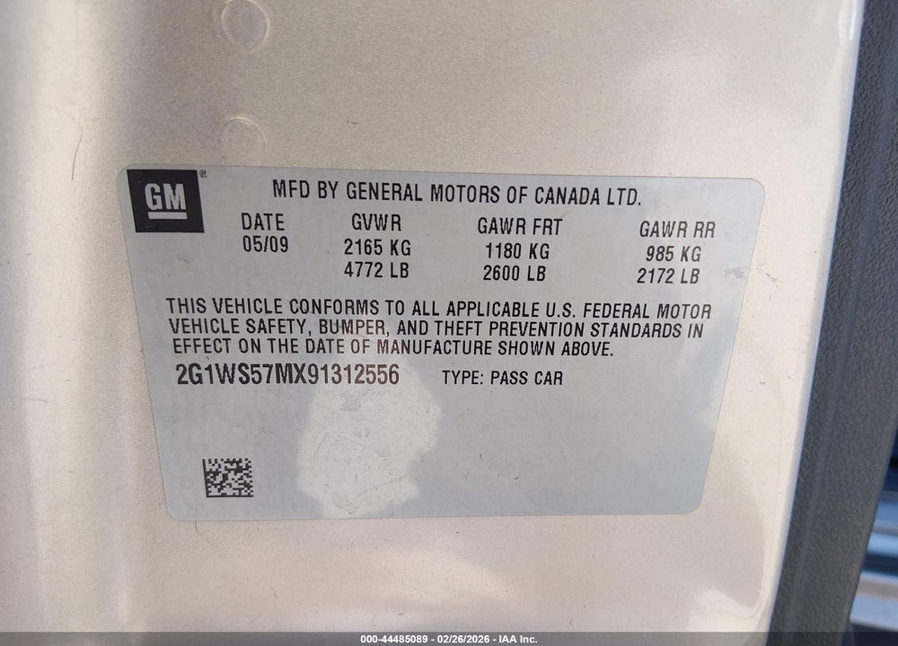 2009 CHEVROLET IMPALA POLICE VIN: 2G1WS57MX91312556