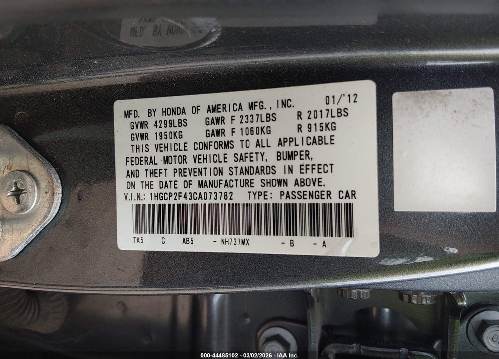 2012 HONDA ACCORD 2.4 LX-P VIN: 1HGCP2F43CA073782