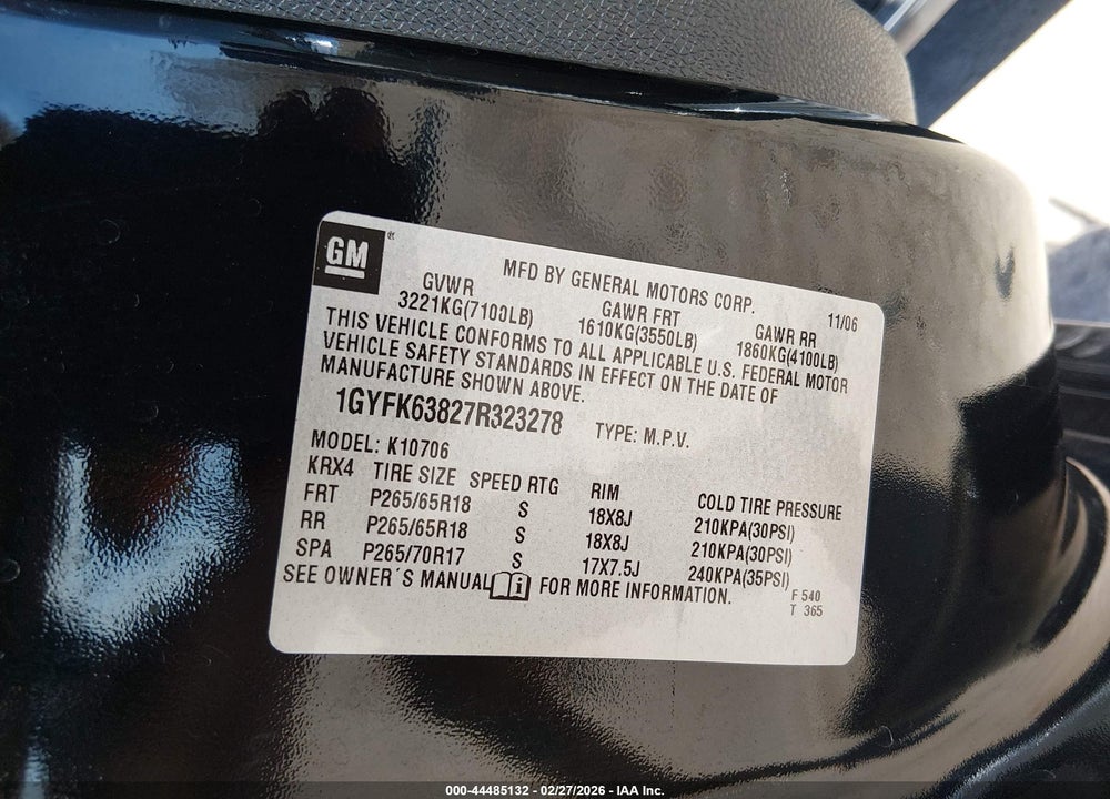 2007 CADILLAC ESCALADE STANDARD VIN: 1GYFK63827R323278