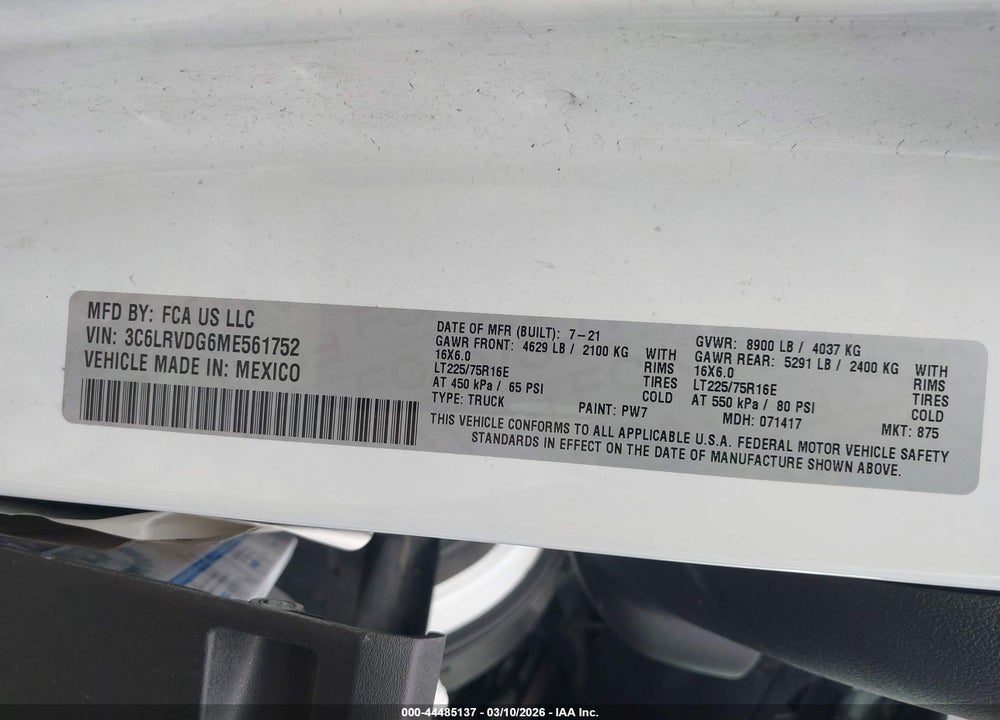 2021 RAM PROMASTER 2500 HIGH ROOF 159 WB VIN: 3C6LRVDG6ME561752