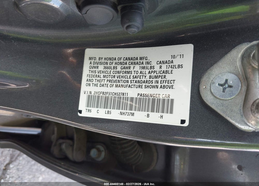 2012 HONDA CIVIC LX VIN: 2HGFB2F51CH527811
