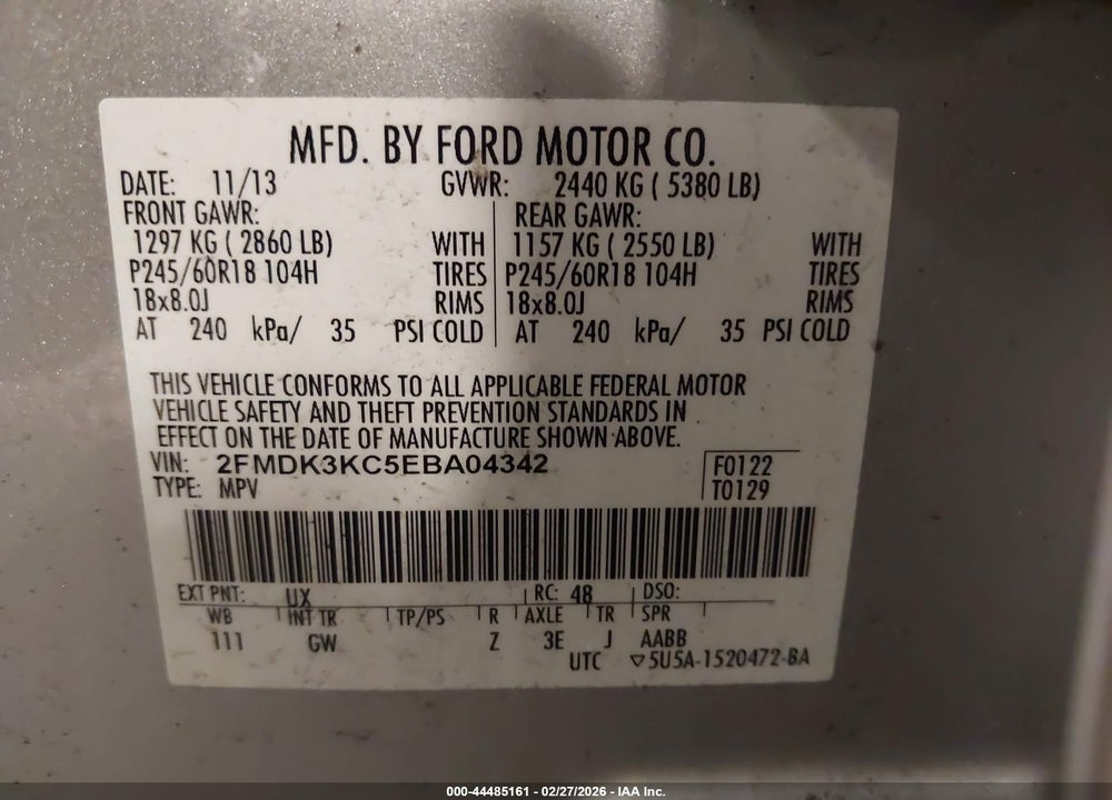 2014 FORD EDGE LIMITED VIN: 2FMDK3KC5EBA04342