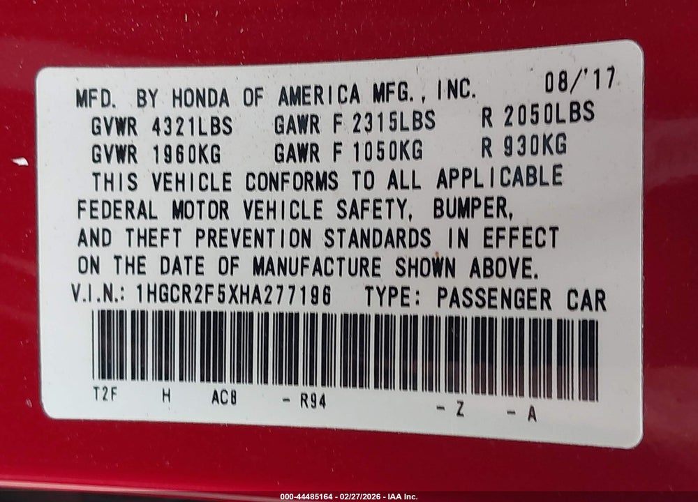 2017 HONDA ACCORD SPORT VIN: 1HGCR2F5XHA277196