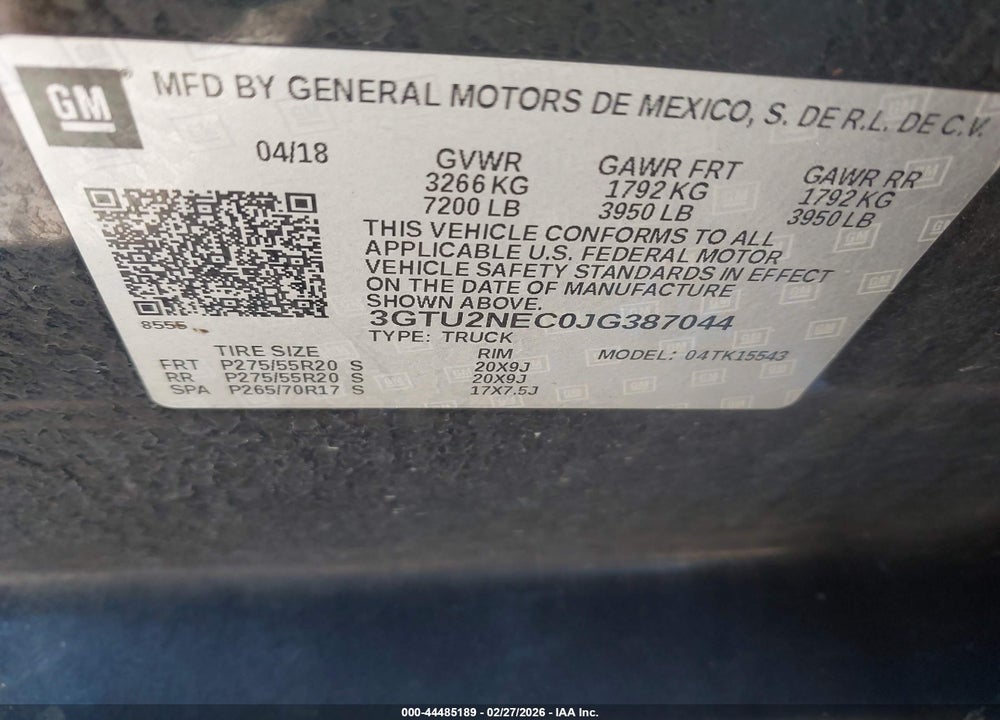 2018 GMC SIERRA 1500 SLT VIN: 3GTU2NEC0JG387044
