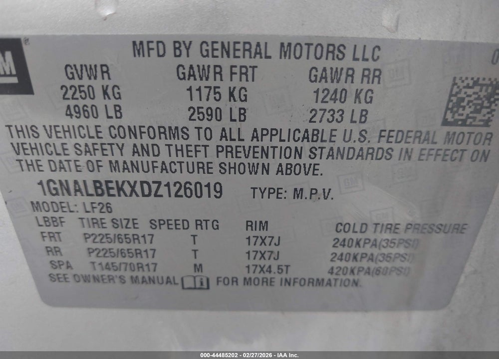 2013 CHEVROLET EQUINOX LS VIN: 1GNALBEKXDZ126019