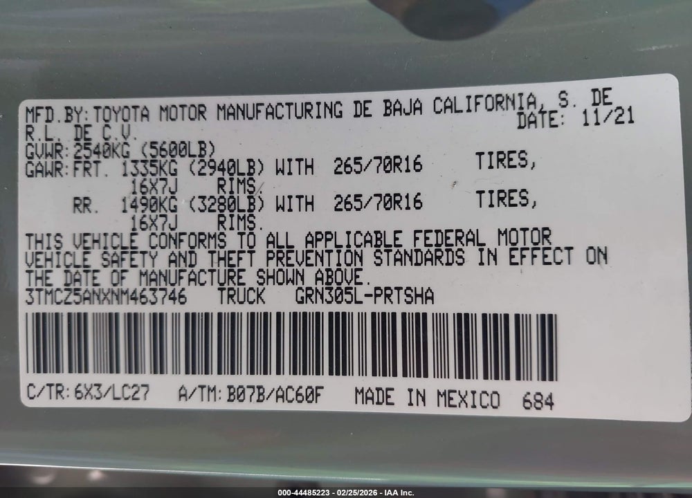 2022 TOYOTA TACOMA TRD OFF ROAD VIN: 3TMCZ5ANXNM463746