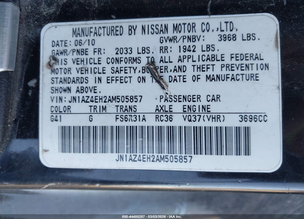 2010 NISSAN 370Z VIN: JN1AZ4EH2AM505857