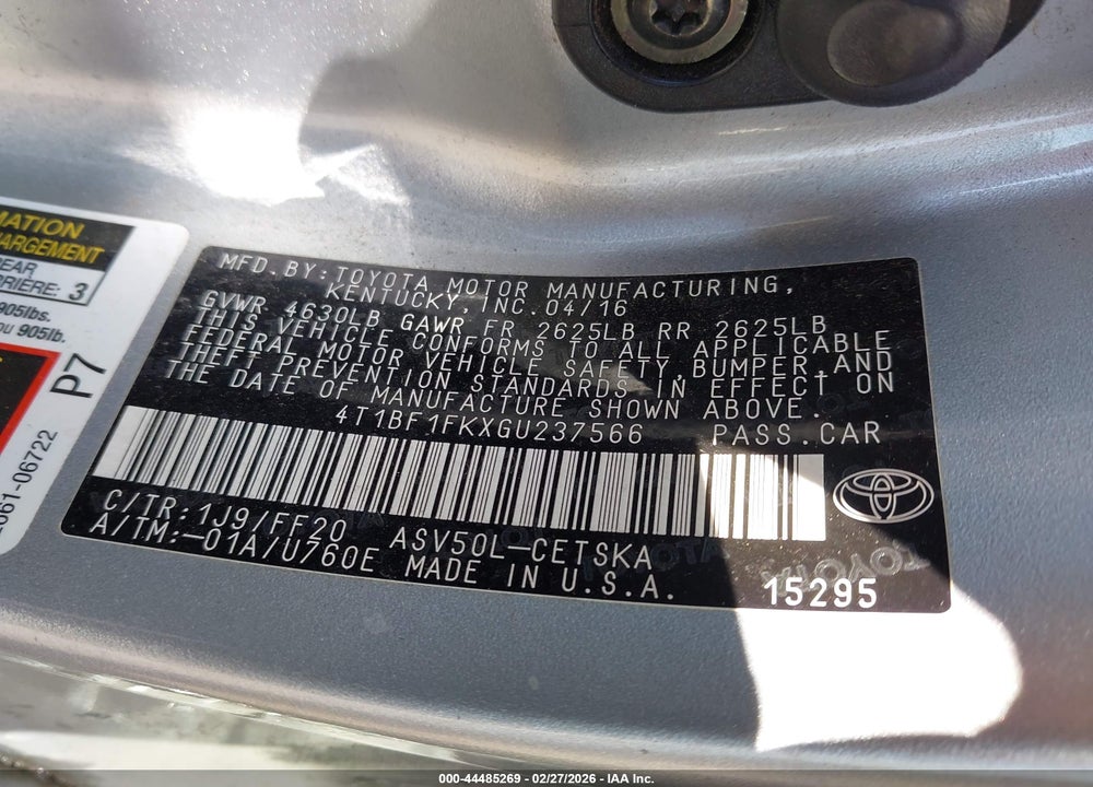 2016 TOYOTA CAMRY SE VIN: 4T1BF1FKXGU237566