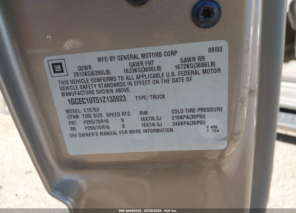 2001 CHEVROLET SILVERADO 1500 LT VIN: 1GCEC19T51Z138923