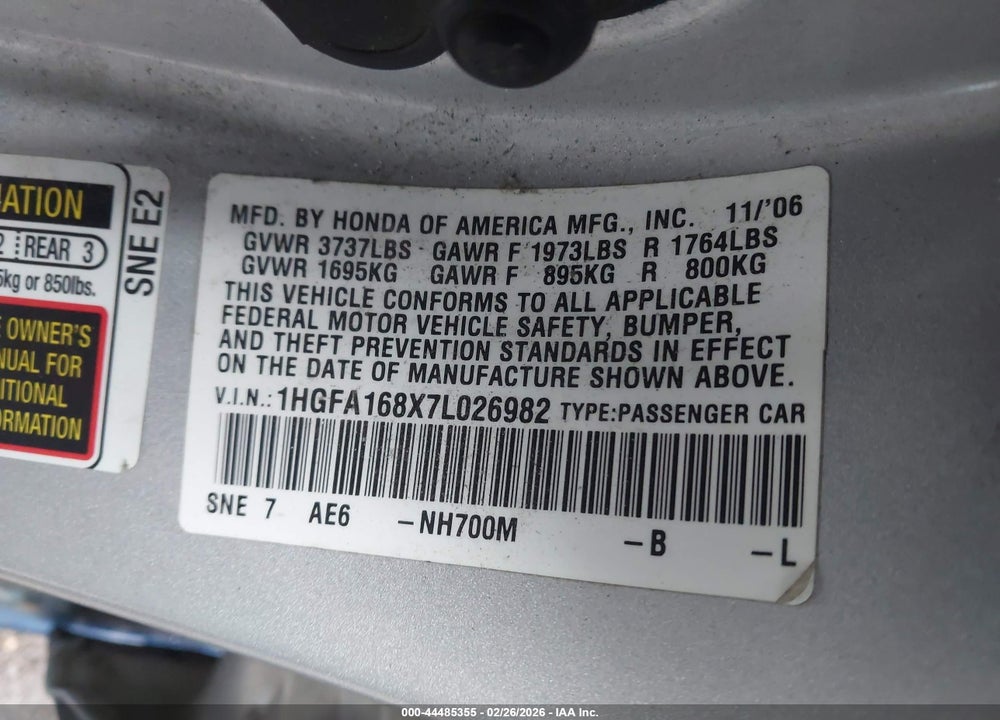 2007 HONDA CIVIC EX VIN: 1HGFA168X7L026982