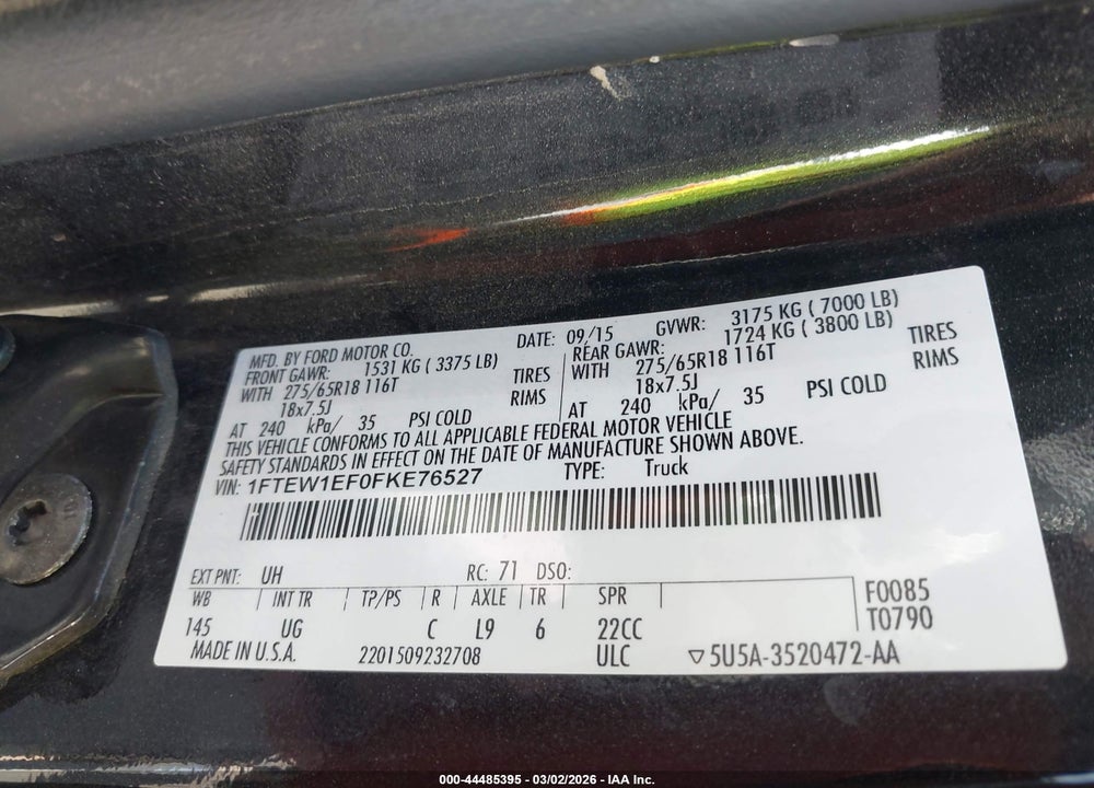 2015 FORD F-150 XLT VIN: 1FTEW1EF0FKE76527