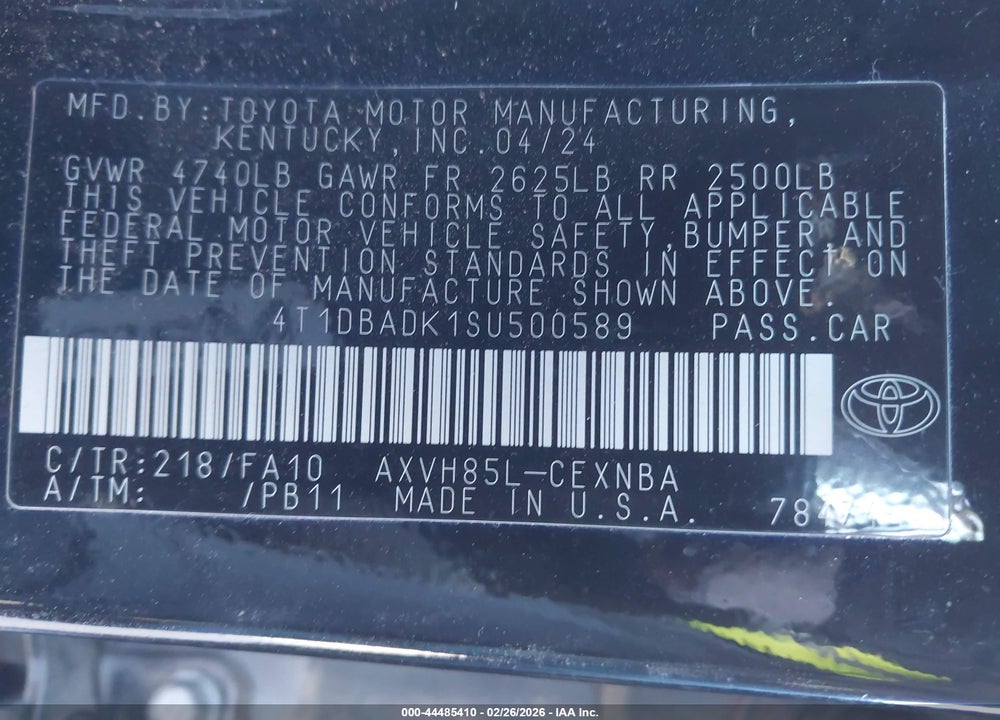 2025 TOYOTA CAMRY LE VIN: 4T1DBADK1SU500589