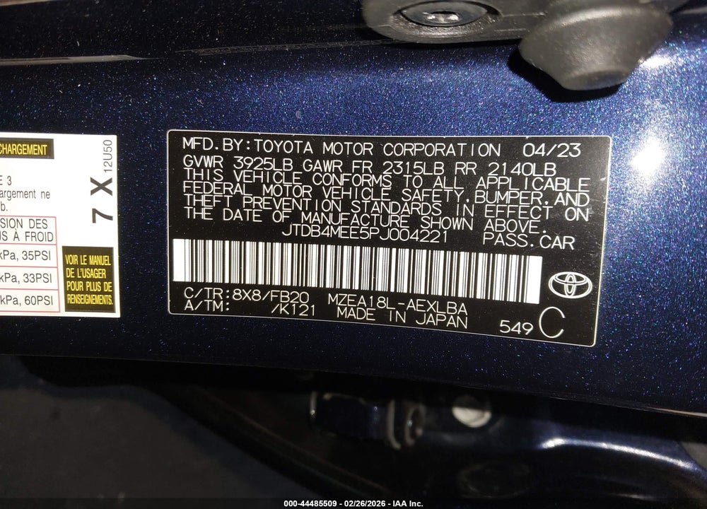 2023 TOYOTA COROLLA LE VIN: JTDB4MEE5PJ004221