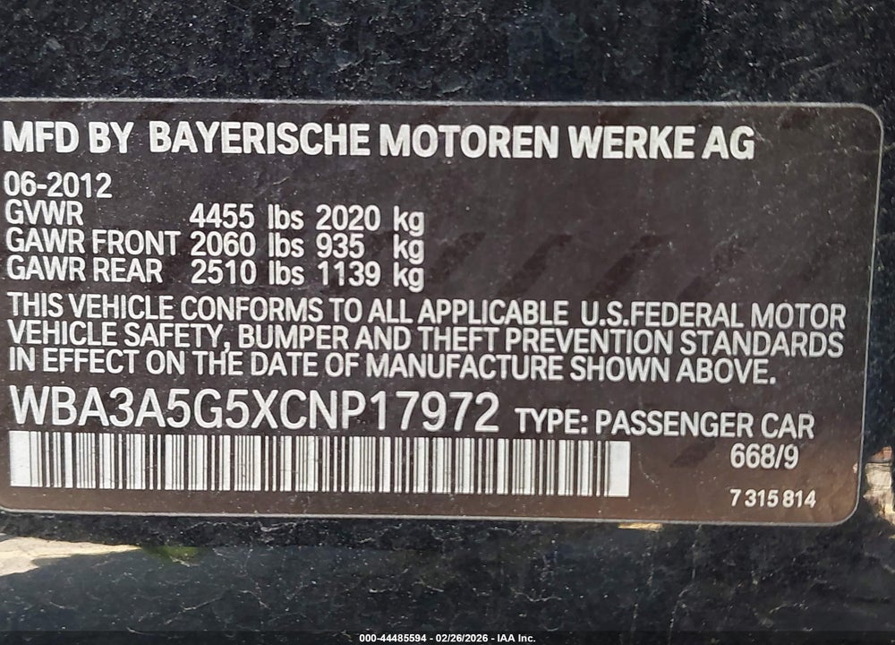 2012 BMW 328I VIN: WBA3A5G5XCNP17972