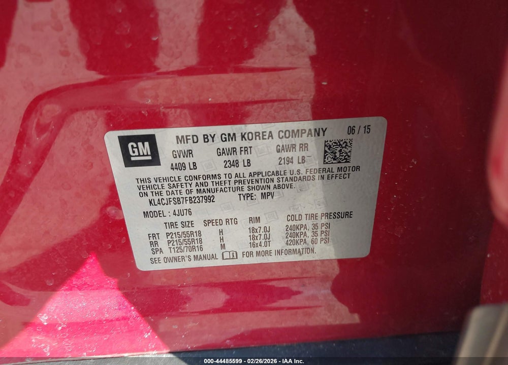 2015 BUICK ENCORE CONVENIENCE VIN: KL4CJFSB7FB237992