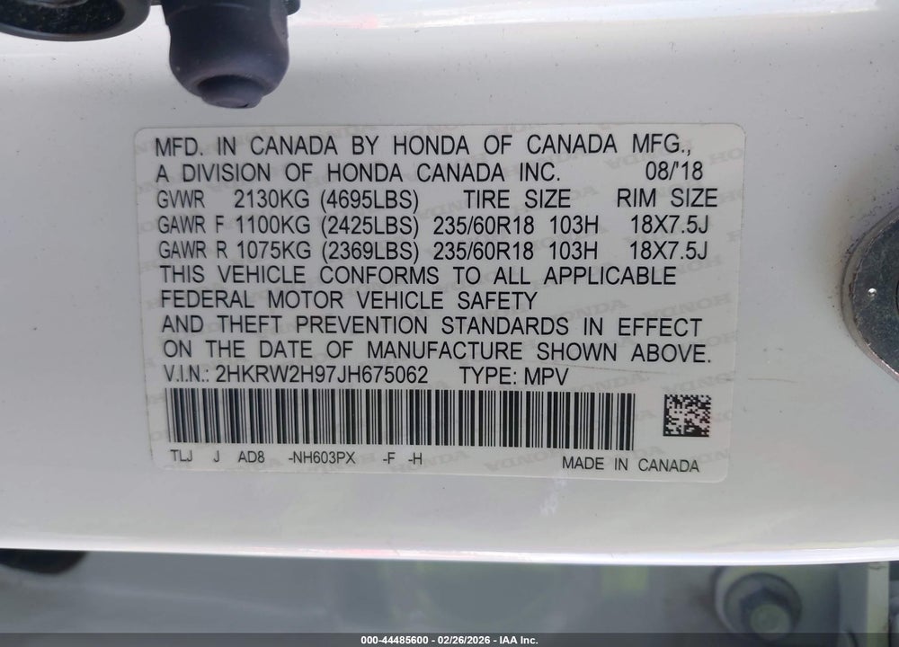 2018 HONDA CR-V TOURING VIN: 2HKRW2H97JH675062