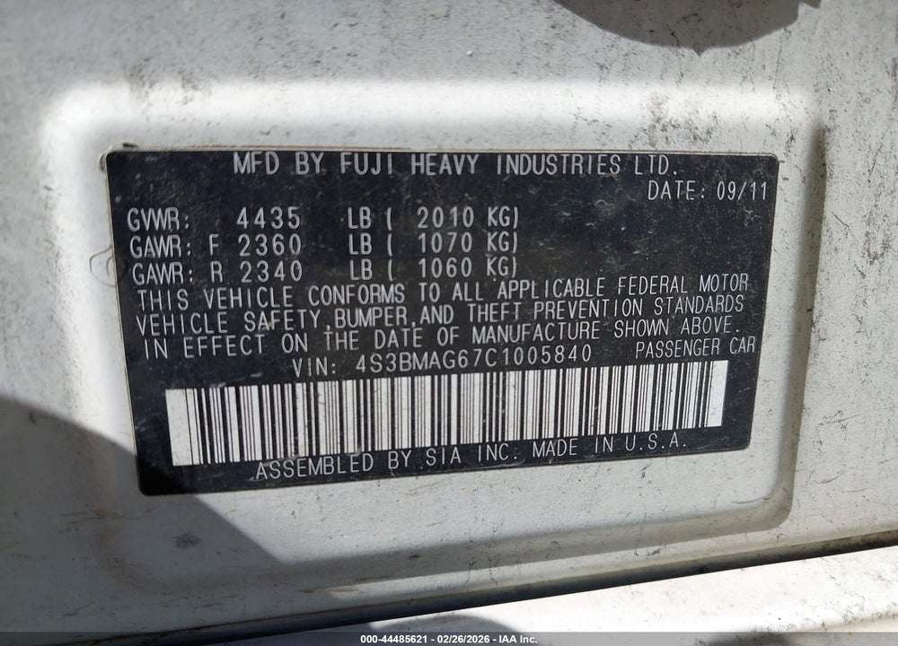 2012 SUBARU LEGACY 2.5I PREMIUM VIN: 4S3BMAG67C1005840