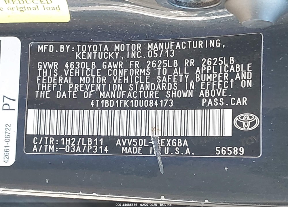 2013 TOYOTA CAMRY HYBRID XLE VIN: 4T1BD1FK1DU084173