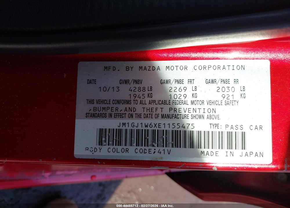 2014 MAZDA 6 I GRAND TOURING VIN: JM1GJ1W6XE1155475