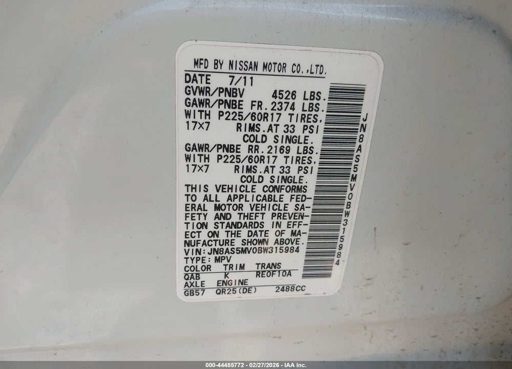 2011 NISSAN ROGUE SV VIN: JN8AS5MV0BW315984