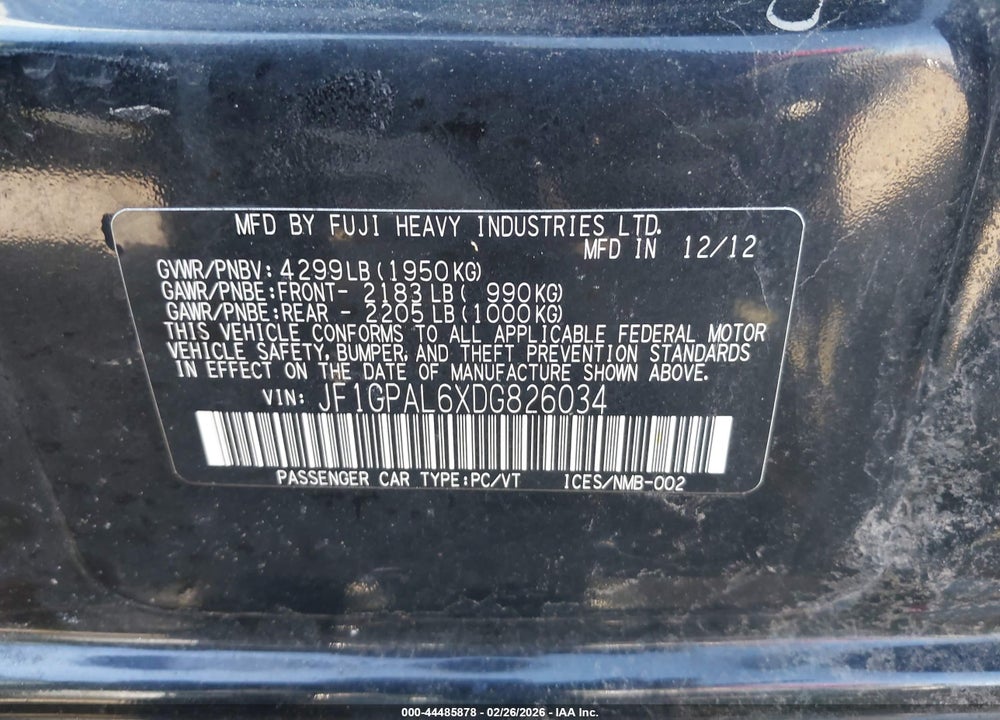 2013 SUBARU IMPREZA 2.0I SPORT PREMIUM VIN: JF1GPAL6XDG826034